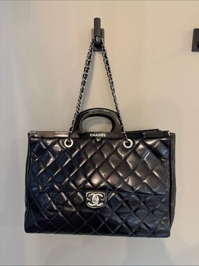 CHANEL Black Quilted Double-Handle Tote with Chain Straps